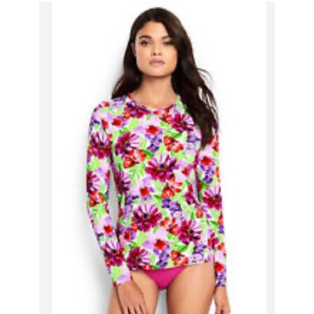 Lands' End Swim Sun Shirt Long Sleeve UPF Rash Guard Purple Pink Floral S
